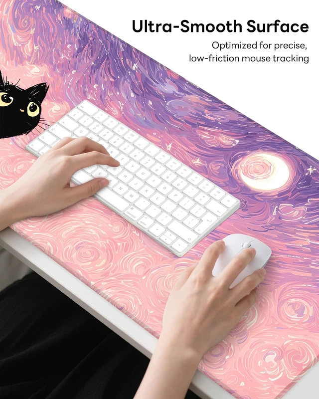 Alt view image 3 of 7 - XL Gaming Mouse Pad, 31.5x15.7'' Large Desk Mat with Anti-Slip Rubber Base & Stitched Edges for Gaming, Office, Home, Van Gogh Cat