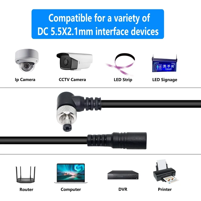 Alt view image 7 of 7 - 2 Pack DC Extension Cable 90 Degree Power Adapter Plug 5.5mm x 2.1mm Male to Female Extension Wire with Lock Nut for 12V Power Adapter, CCTV Security Camera (0.5M/1.65FT)