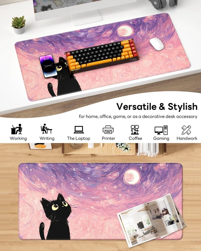 Alt view image 6 of 7 - XL Gaming Mouse Pad, 31.5x15.7'' Large Desk Mat with Anti-Slip Rubber Base & Stitched Edges for Gaming, Office, Home, Van Gogh Cat