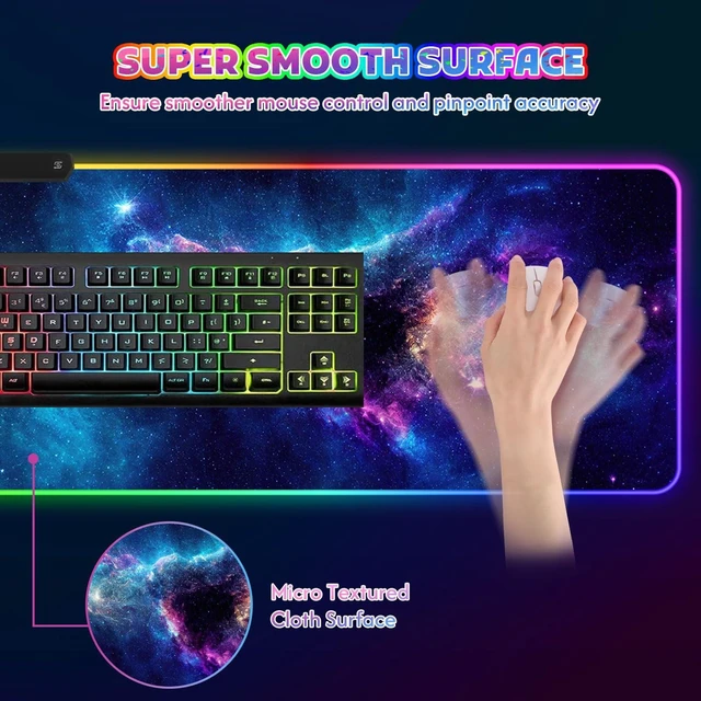 Alt view image 4 of 7 - RGB Mouse Pad Gaming, Large LED Mouse Pad with 14 Lights Modes, 35.4 x 15.7 inches XXL Desk Mat for Keyboard and Mouse, Extended Desk Pad Mat PC Gaming Mousepad AccessoriesBlue Purple Galaxy