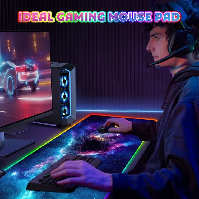 Alt view image 7 of 7 - RGB Mouse Pad Gaming, Large LED Mouse Pad with 14 Lights Modes, 35.4 x 15.7 inches XXL Desk Mat for Keyboard and Mouse, Extended Desk Pad Mat PC Gaming Mousepad AccessoriesBlue Purple Galaxy