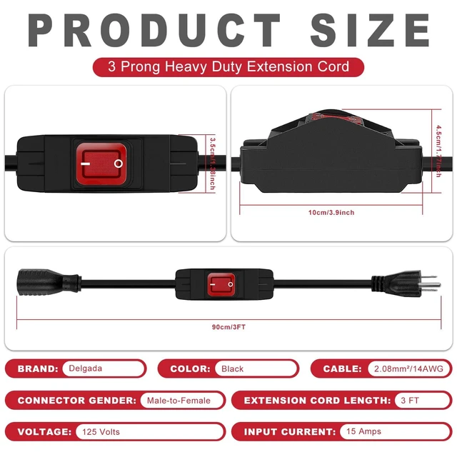 Alt view image 3 of 6 - 3 FT Extension Cord with Switch IP66 Waterproof ON Off Switch Extension Cord 3 Prong Heavy Duty 14 AWG 125V 15A Power Extension Cord Switch UL Listed
