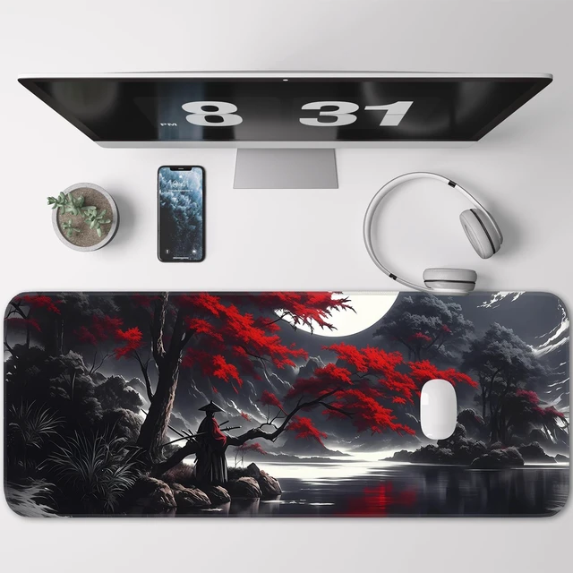 Alt view image 2 of 7 - Japanese Dark Red Moon Gaming Mouse Pad, Extended Mouse Pad with Non-Slip Base, Full Keyboard Pad with Stitched Edges, Large Desk Pad for Gaming, Office, Home 31.5 x 11.8 Inch