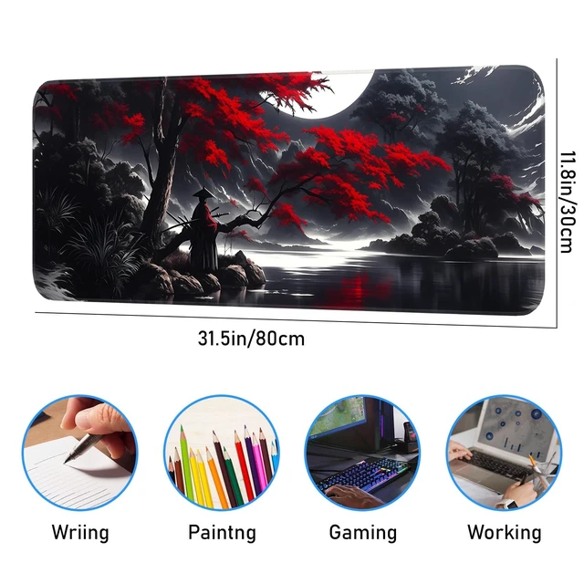 Alt view image 3 of 7 - Japanese Dark Red Moon Gaming Mouse Pad, Extended Mouse Pad with Non-Slip Base, Full Keyboard Pad with Stitched Edges, Large Desk Pad for Gaming, Office, Home 31.5 x 11.8 Inch