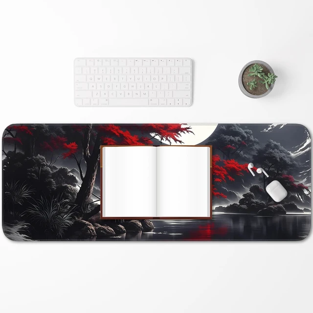 Alt view image 6 of 7 - Japanese Dark Red Moon Gaming Mouse Pad, Extended Mouse Pad with Non-Slip Base, Full Keyboard Pad with Stitched Edges, Large Desk Pad for Gaming, Office, Home 31.5 x 11.8 Inch