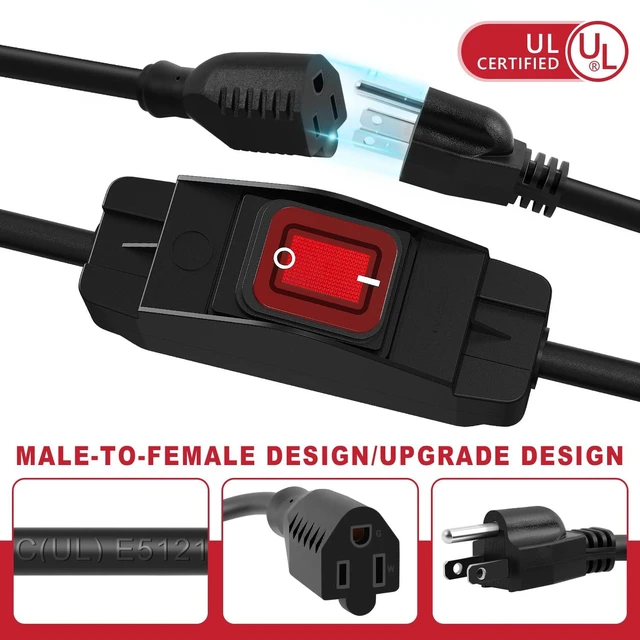 Alt view image 4 of 6 - 3 FT Extension Cord with Switch IP66 Waterproof ON Off Switch Extension Cord 3 Prong Heavy Duty 14 AWG 125V 15A Power Extension Cord Switch UL Listed