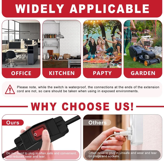 Alt view image 6 of 6 - 3 FT Extension Cord with Switch IP66 Waterproof ON Off Switch Extension Cord 3 Prong Heavy Duty 14 AWG 125V 15A Power Extension Cord Switch UL Listed