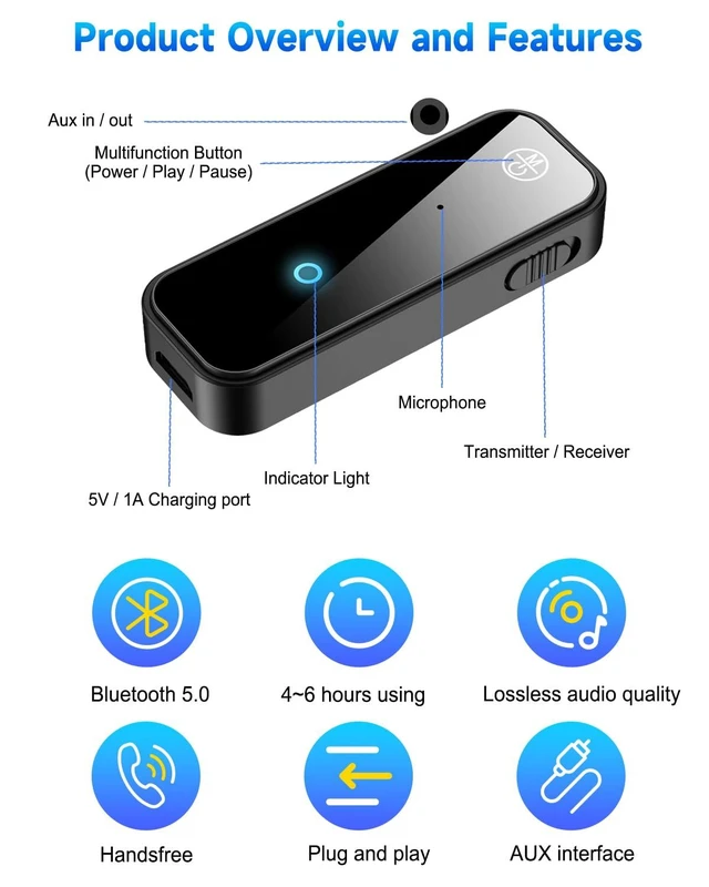 Alt view image 7 of 7 - Bluetooth 5.0 Adapter 3.5mm Jack Aux Dongle, 2-in-1 Wireless Transmitter Receiver for TV/Travel Flight, Gym, Supports to Headphones, Bluetooth Receiver for Car/Home Stereo (with RCA & AUX)