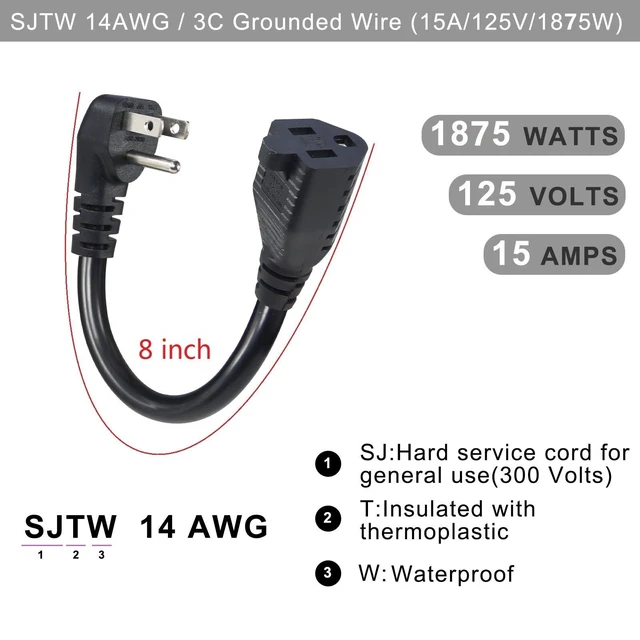 Alt view image 2 of 7 - Short Power Extension Cord - Low Profile Wall Head 6 Inch 14AWG/3C SJTW Heavy Duty Extension Cable for Indoor/Outdoor, 90-Degree Flat Plug 15A/125V 1875W NEMA 5-15P to NEMA 5-15R, Black 2-Pack