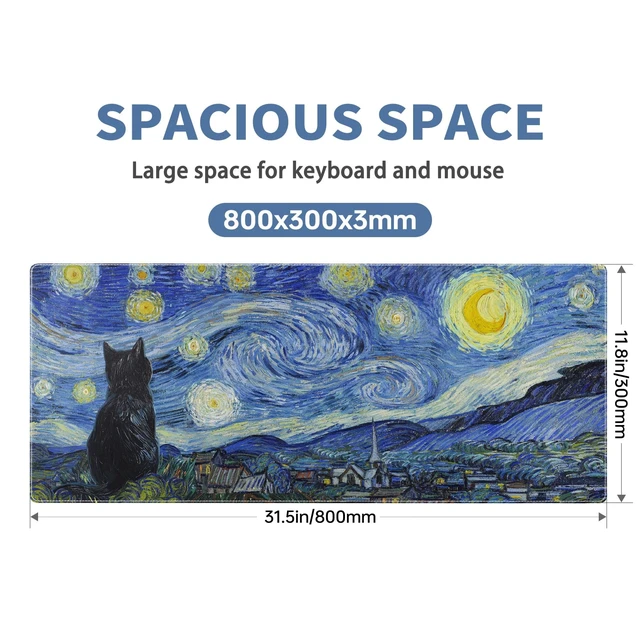Alt view image 2 of 7 - Starry Night Cat Gaming Mouse Pad Large Desk Mat Extended Keyboard Mouse Pad Anime Mousepad with Non-Slip Base and Stitched Edge Mouse Mat Desk Pad 31.5 x 11.8 Mouse Pads for Desk Home Office Gaming
