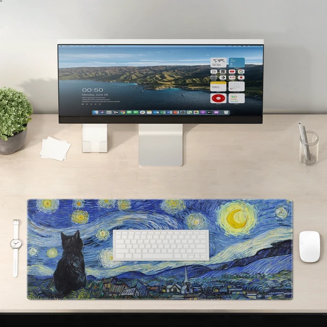 Alt view image 6 of 7 - Starry Night Cat Gaming Mouse Pad Large Desk Mat Extended Keyboard Mouse Pad Anime Mousepad with Non-Slip Base and Stitched Edge Mouse Mat Desk Pad 31.5 x 11.8 Mouse Pads for Desk Home Office Gaming