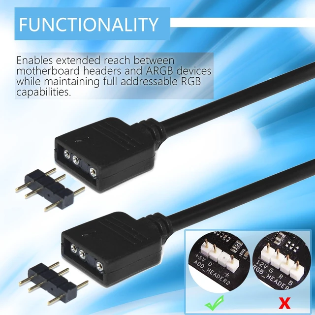 Alt view image 7 of 7 - ARGB Extension Cable 4PCS Set, 5V 3-Pin Addressable RGB Female to Female Cable for PC Fans, LED Lights