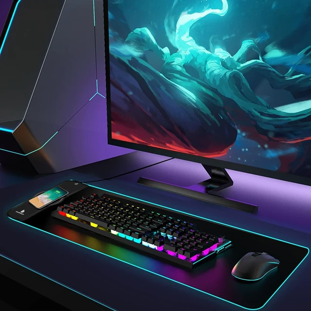 Alt view image 6 of 7 - Mouse Pad,Gaming Desk Mat,Mouse Pad with Wireless Charging,15W Fast Chargering,10 Lighting Modes,for Gaming Keyboard&Mouse,Home&Office,Mobile Phone Devices,31.5"X11.8",Flare Color