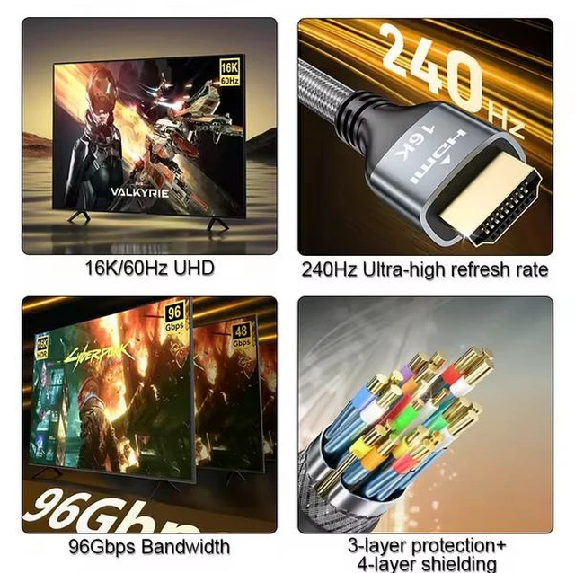 Alt view image 3 of 6 - Ultra96 HDMI 2.2 Cable - 16K@240Hz Ultra HD, 48Gbps Bandwidth, Gold-Plated Connectors, Braided Jacket for Next-Gen Projector, Monitor & Display 3M
