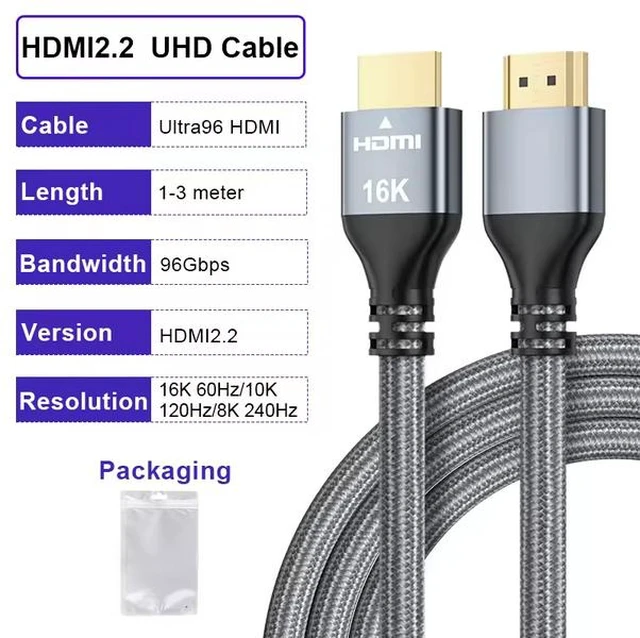 Alt view image 5 of 6 - Ultra96 HDMI 2.2 Cable - 16K@240Hz Ultra HD, 48Gbps Bandwidth, Gold-Plated Connectors, Braided Jacket for Next-Gen Projector, Monitor & Display 3M