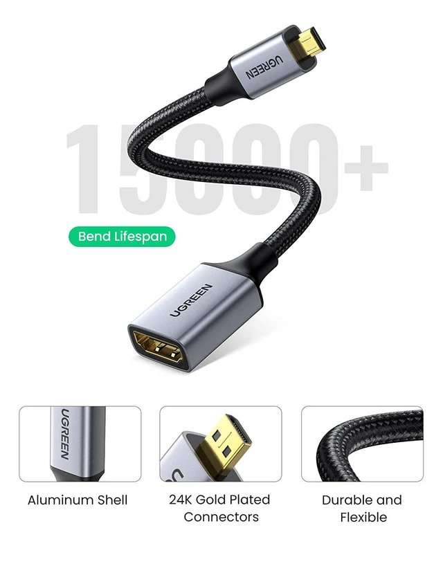 Alt view image 4 of 7 - UGREEN Micro HDMI to HDMI Adapter, Micro HDMI to Female HDMI Aluminum Portable Cable HDMI Adapter Supports 4K 3D 1080P, Compatible with GoPro Hero 7 Raspberry Pi 4 Sony A6000 Camera Nikon B500, 8 Inch