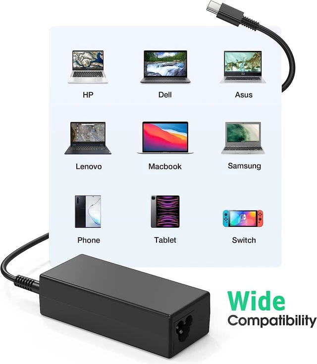 Alt view image 9 of 14 - Chromebook Charger,45W USB C Laptop Charger Compatible with HP Dell Acer Asus Samsung, Type C Fast Charging Power Adapter