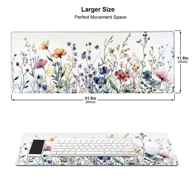 Alt view image 2 of 5 - Wildflowers Flower Floral Large Mouse Pad, Desk Mat Computer Keyboard Pad Non-Slip Rubber Base Waterproof with Stitched Edges for Laptop Gaming, Office & Home 31.5 x 11.8 Inch