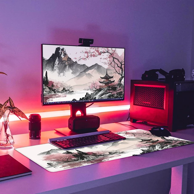 Alt view image 7 of 7 - Watercolor Cherry Blossom Large Gaming Mouse Pad,Mouse Pad Gaming 31.5 x 11.8 in Mouse Mat Desk Pad,Large Desk Mat,Extended Keyboard Mousepad with Non-Slip Base and Stitched Edge for Desk Home Office