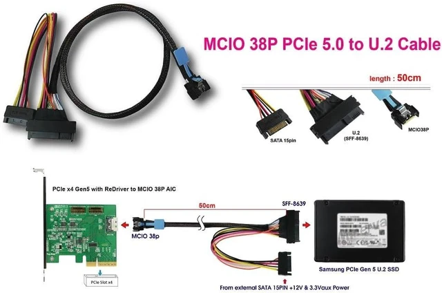 Alt view image 3 of 6 - Micro SATA Cables MCIO Gen 5 Cable to U.2 (SFF-8639) Connector - High-Speed Data Transfer Cable for MCIO Gen 5 Connectivity and U.2 Integration