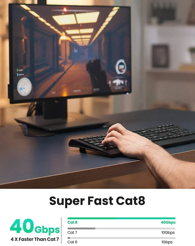Alt view image 2 of 7 - UGREEN Cat 8 Ethernet Cable High Speed 40Gbps 2000Mhz Cat8 RJ45 Network Cord Flat Shielded Indoor LAN Cables Compatible for Gaming PC PS5 PS4 PS3 Xbox Modem Router 10ft
