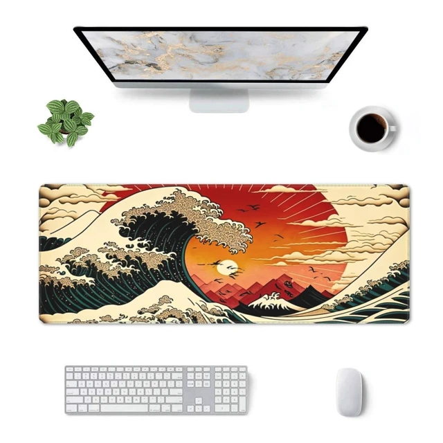 Alt view image 2 of 5 - Japanese Wave Sun Gaming Mouse Pad XL, Large Non Slip Rubber Mousepad, Stitched Edges Mouse Pads, Long Extended Mouse Pad,31.5'' X 11.8''