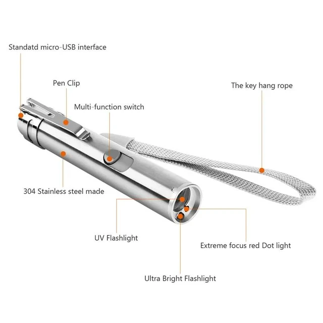 Alt view image 3 of 5 - 3 In 1 Laser Pointer LED Flashlight For Cats Pet Training Tool USB Rechargeable UV Flashlamp LED Flash Light Mini Lanterna Lamp