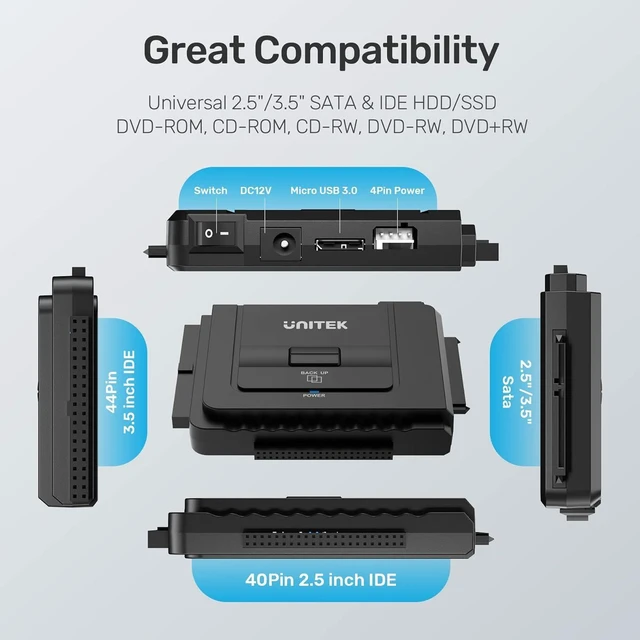 Alt view image 11 of 14 - Unitek USB C to IDE and SATA Converter External Hard Drive Adapter Kit for Universal 2.5/3.5 HDD/SSD Hard Drive Disk, One Touch Backup Function, Included 12V/2A Power Adapter
