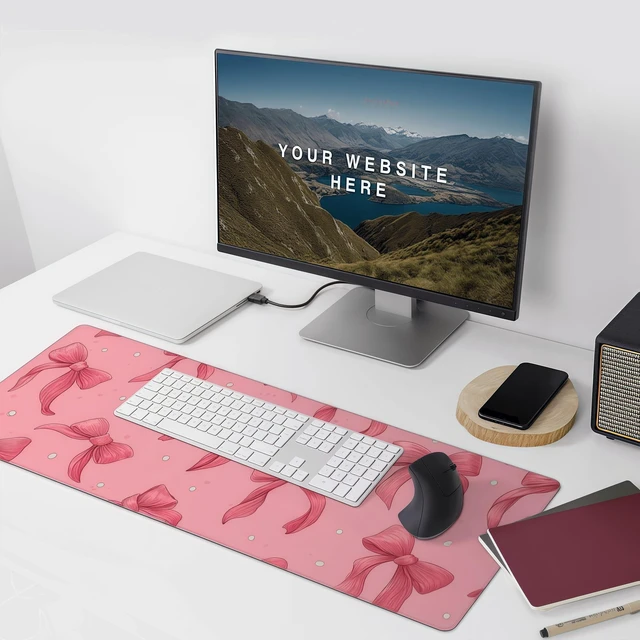 Alt view image 2 of 6 - Large Pink Mouse Pad with Bows, Non-Slip Desk Mat for Laptop PC, Gaming Mousepad, 35.4 x 15.7 inches