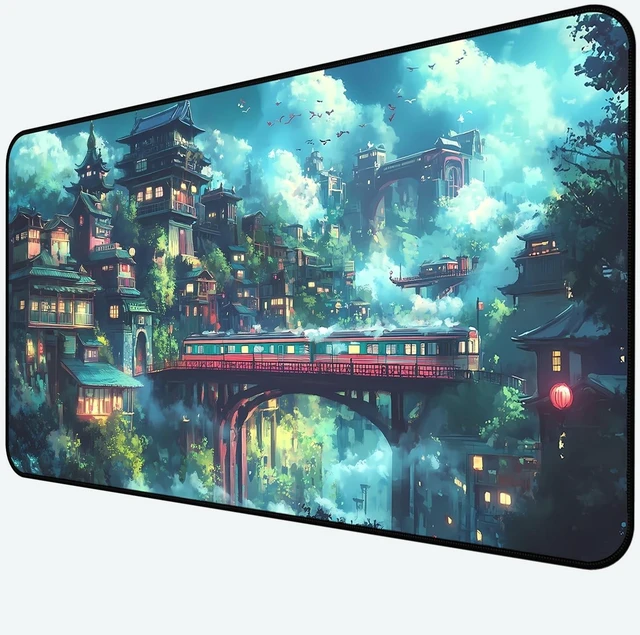 Alt view image 6 of 7 - Japanese Anime Desk Mat, Green Forest Mouse Mat XXL, Game Desk Pad, Fantasy Architecture Computer Keyboard Mat, Wireless Mousepad Large,Natural Landscape Home Office Desktop Decor 31.5"X15.7"