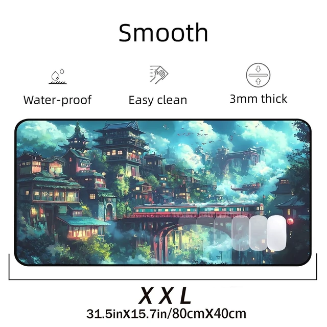 Alt view image 7 of 7 - Japanese Anime Desk Mat, Green Forest Mouse Mat XXL, Game Desk Pad, Fantasy Architecture Computer Keyboard Mat, Wireless Mousepad Large,Natural Landscape Home Office Desktop Decor 31.5"X15.7"