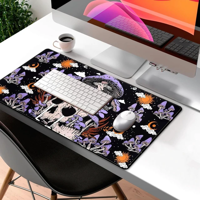 Alt view image 3 of 5 - Black Mouse Pad Mushroom Desk Pad Skull Skeleton Purple Pc Laptop Office Keyboard Mouse Pads, Large Gaming Setup Office Extra Large Deskmat Laptop Mousepad 31.5x15.8 in-with Stitched Eges