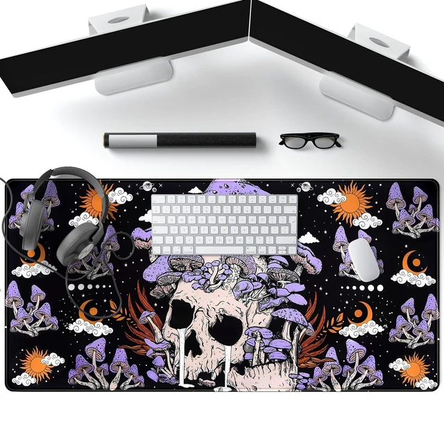 Alt view image 4 of 5 - Black Mouse Pad Mushroom Desk Pad Skull Skeleton Purple Pc Laptop Office Keyboard Mouse Pads, Large Gaming Setup Office Extra Large Deskmat Laptop Mousepad 31.5x15.8 in-with Stitched Eges