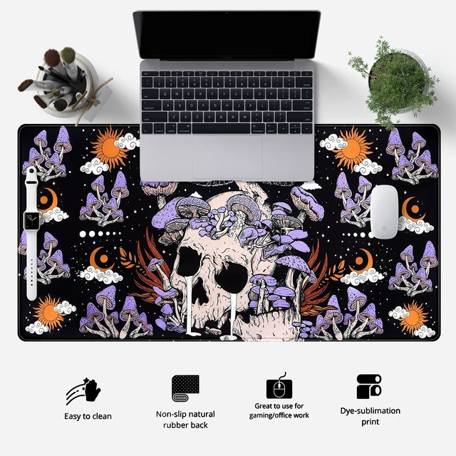 Alt view image 2 of 5 - Black Mouse Pad Mushroom Desk Pad Skull Skeleton Purple Pc Laptop Office Keyboard Mouse Pads, Large Gaming Setup Office Extra Large Deskmat Laptop Mousepad 31.5x15.8 in-with Stitched Eges