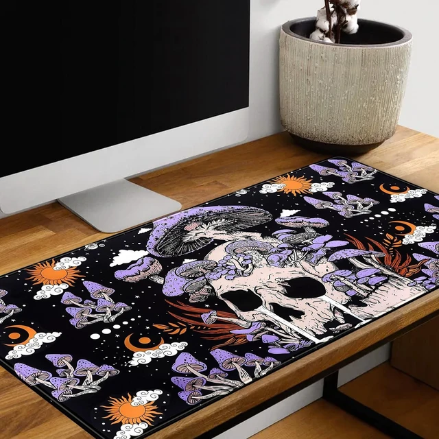 Alt view image 5 of 5 - Black Mouse Pad Mushroom Desk Pad Skull Skeleton Purple Pc Laptop Office Keyboard Mouse Pads, Large Gaming Setup Office Extra Large Deskmat Laptop Mousepad 31.5x15.8 in-with Stitched Eges