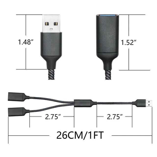 Alt view image 6 of 6 - USB Splitter Cable 1FT, USB A Male to Dual USB A Female Y Splitter Adapter 1 in 2 Out, Power & Data with OTG Function Intelligent Chip, for Smartphone, Laptop, Car etc
