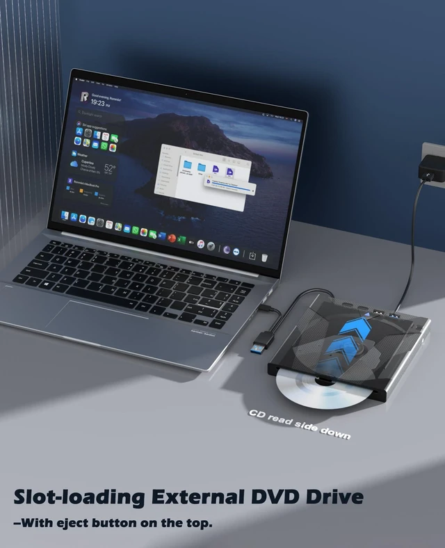Alt view image 2 of 7 - 8 in 1 External CD/DVD Drive for Laptop, Slot-Loading CD Reader for Laptop, CDs Drive External USB DVD Drive Externals CD Burner Compatible with PC Windows Linux MacOS (+Carrying Case)