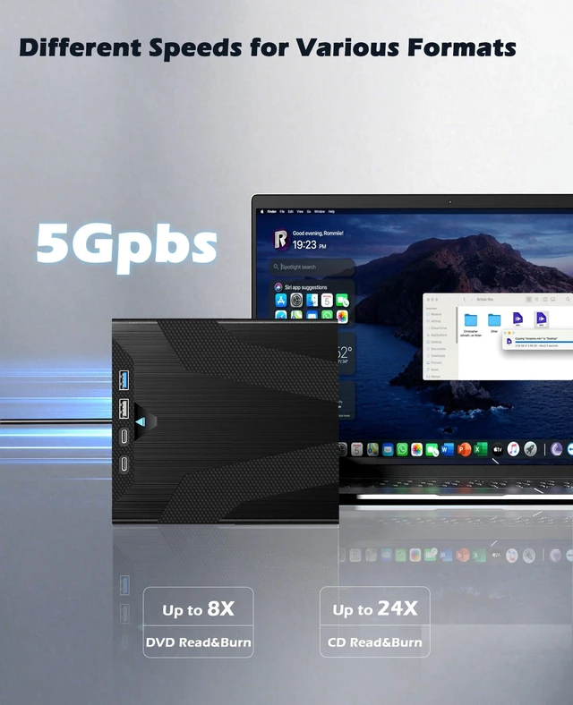 Alt view image 3 of 7 - 8 in 1 External CD/DVD Drive for Laptop, Slot-Loading CD Reader for Laptop, CDs Drive External USB DVD Drive Externals CD Burner Compatible with PC Windows Linux MacOS (+Carrying Case)