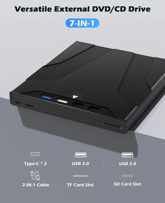 Alt view image 4 of 7 - 8 in 1 External CD/DVD Drive for Laptop, Slot-Loading CD Reader for Laptop, CDs Drive External USB DVD Drive Externals CD Burner Compatible with PC Windows Linux MacOS (+Carrying Case)