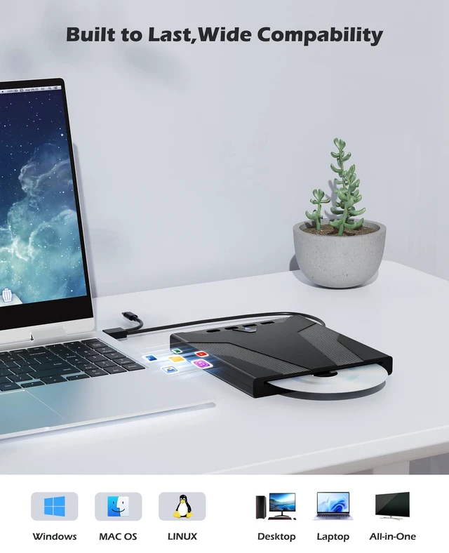 Alt view image 6 of 7 - 8 in 1 External CD/DVD Drive for Laptop, Slot-Loading CD Reader for Laptop, CDs Drive External USB DVD Drive Externals CD Burner Compatible with PC Windows Linux MacOS (+Carrying Case)