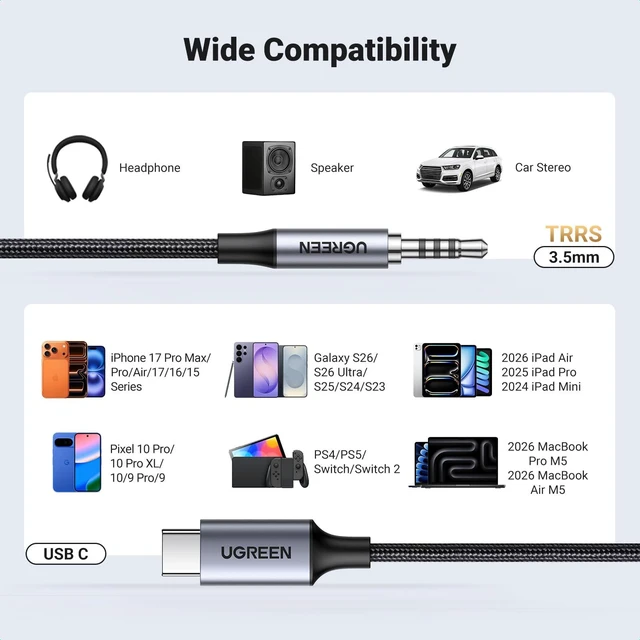 Alt view image 7 of 7 - USB C to Aux, Aux Cord for Car Type C to 3.5mm Audio Jack Cable 6.6FT TRRS Headphone Stereo Adapter Mic HiFi Compatible with iPhone 17 16 15 Pro Max/16 15 Plus, Galaxy S26 Ultra Pixel 10 iPad