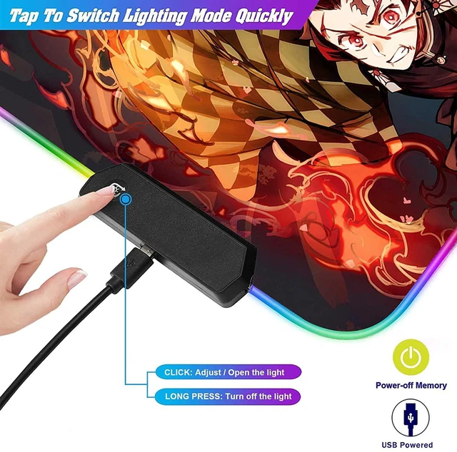 Alt view image 7 of 7 - RGB Large Anime Mouse Pad Tanjiro and Nezuko,Mousepad with Stitched Edge Frame & Non-Slip Rubber Base,Long Laptop Glowing Desk Pad,Computer Keyboard and Mice Pads Mouse Mat 31.5X11.8