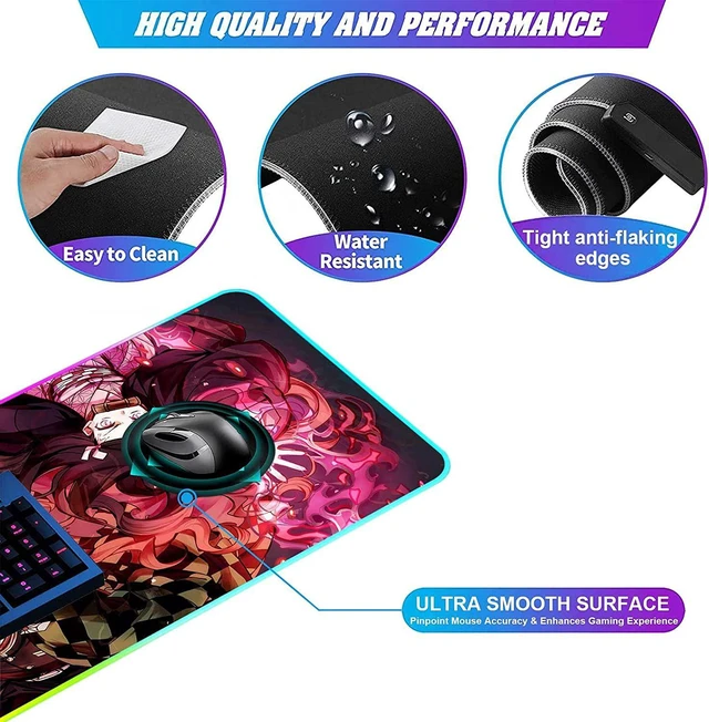Alt view image 5 of 7 - RGB Large Anime Mouse Pad Tanjiro and Nezuko,Mousepad with Stitched Edge Frame & Non-Slip Rubber Base,Long Laptop Glowing Desk Pad,Computer Keyboard and Mice Pads Mouse Mat 31.5X11.8