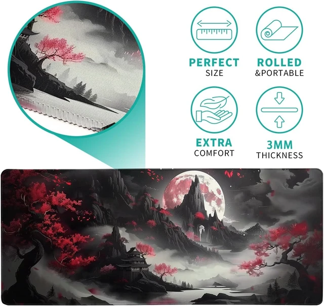 Alt view image 5 of 7 - Japanese Desk Mat Red Full Moon Desk Pad Black Riverside Large Mouse Pad Gaming Mousepad Extended XL Keyboard Pad 31.5 x 11.8 in Laptop Computer Mouse Keyboard Mat for Office Desk Decor