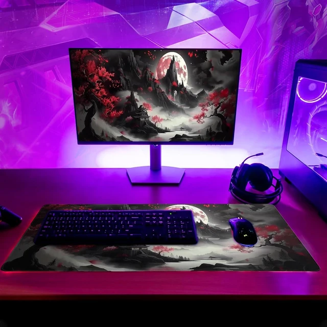 Alt view image 6 of 7 - Japanese Desk Mat Red Full Moon Desk Pad Black Riverside Large Mouse Pad Gaming Mousepad Extended XL Keyboard Pad 31.5 x 11.8 in Laptop Computer Mouse Keyboard Mat for Office Desk Decor