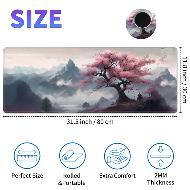 Alt view image 2 of 7 - Large Mouse Pad, Desk Mat, XL Gaming Keyboard Mat, Non-Slip Rubber Base, Full Extended Mousepad for Gaming Office Home, 31.5 X 11.8 Inch, Sakura Tree