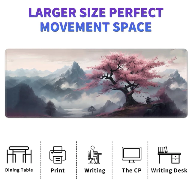 Alt view image 6 of 7 - Large Mouse Pad, Desk Mat, XL Gaming Keyboard Mat, Non-Slip Rubber Base, Full Extended Mousepad for Gaming Office Home, 31.5 X 11.8 Inch, Sakura Tree