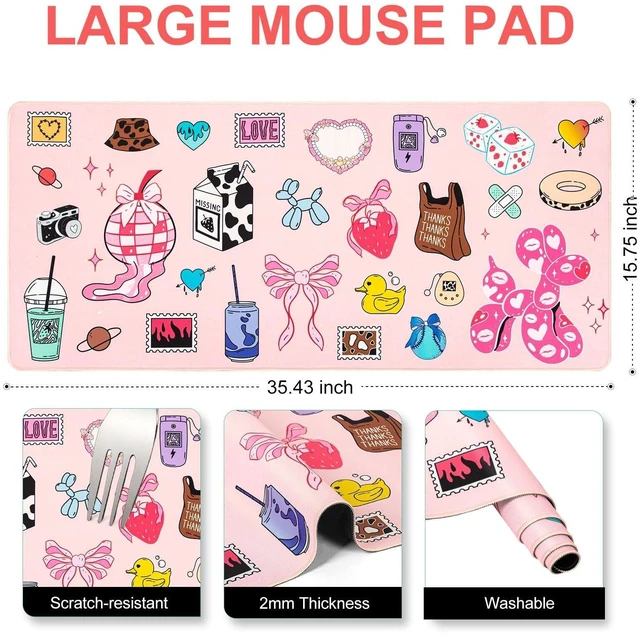 Alt view image 5 of 5 - L-SPOUTTO Pink Desk Mat for Keyboard and Mouse,Cute XXL Large Mouse Pad,35.4x15.7in Non-Slip Keyboard Pad Waterproof Girly Desktop Mat for Laptop Computer Work Game Home Office-Cartoon Pink