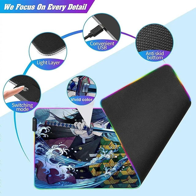 Alt view image 4 of 7 - RGB Large Gaming Mouse Pad Anime Giyuu Sword kimetsu no Yaiba,Laptop Desk Pad,Mousepad with Stitched Edge Frame & Non-Slip Rubber Base,Computer Keyboard and Mice Pads Mouse Mat 31.5X15.7