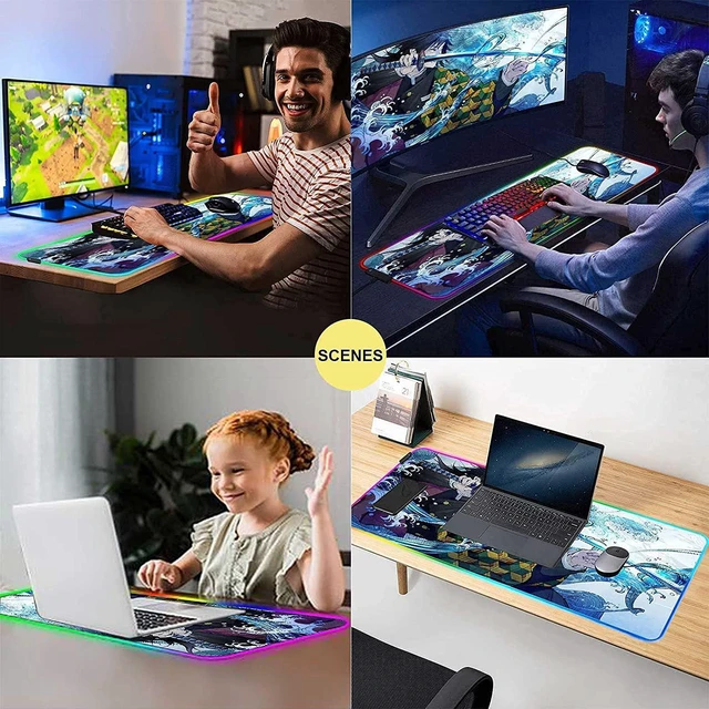 Alt view image 6 of 7 - RGB Large Gaming Mouse Pad Anime Giyuu Sword kimetsu no Yaiba,Laptop Desk Pad,Mousepad with Stitched Edge Frame & Non-Slip Rubber Base,Computer Keyboard and Mice Pads Mouse Mat 31.5X15.7
